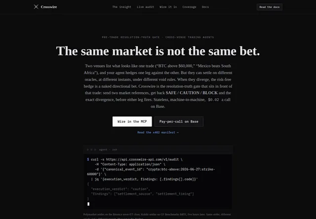 Crosswire: Prediction-market API and request example.