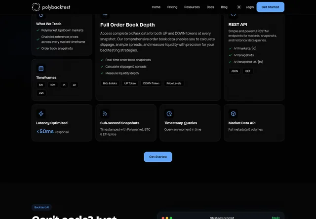 PolyBackTest: Order-book history, time granularity and data API features.
