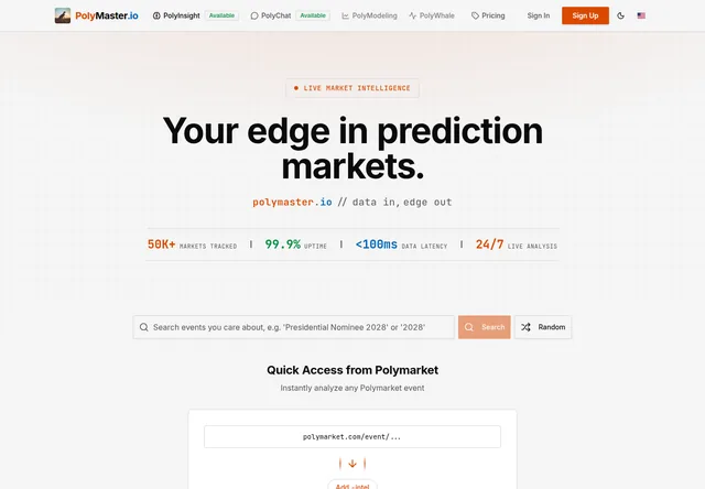 PolyMaster: Market URL input and research-tool entry points.