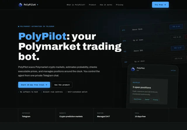 PolyPilot: Provider preview of the Telegram bot and position-management interface.