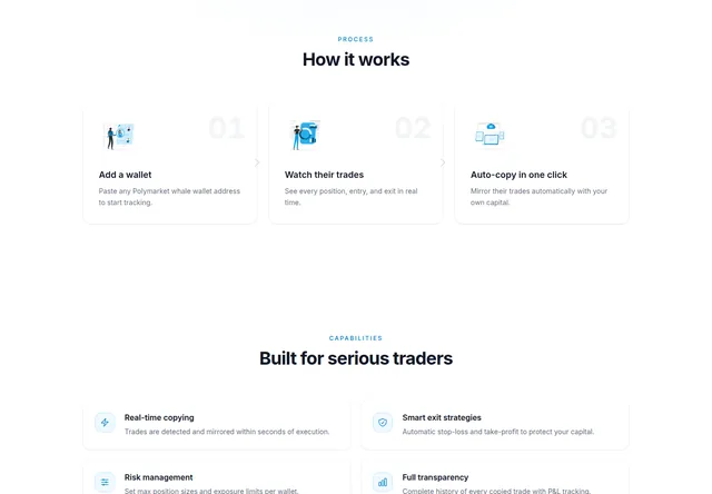 PredCopy: Wallet tracking, copy execution and position-control workflow.