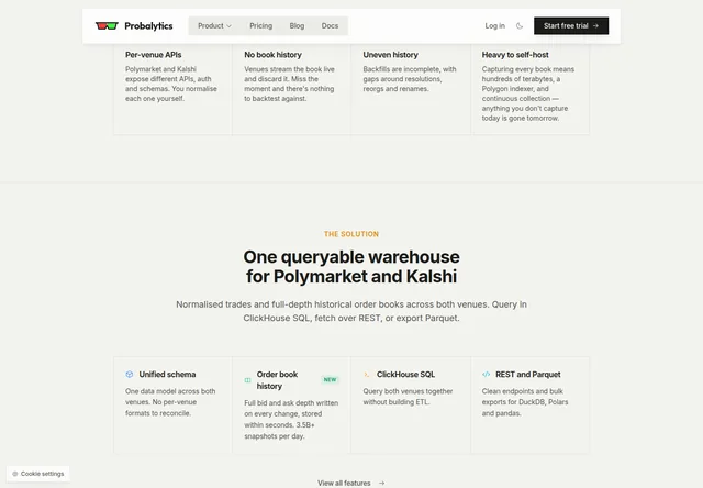 Probalytics: Unified warehouse schema, order-book data and export options.