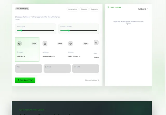 Prophed: Provider strategy-builder preview with backtest settings.