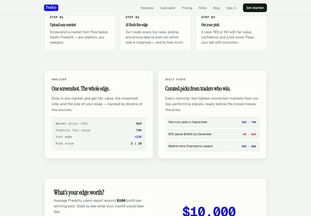 Predicty: Provider demonstration of screenshot analysis and generated market verdicts.