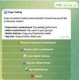 OKBet Telegram copy menu: leaderboard, wallet address, user and following list (official documentation).