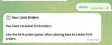 OKBet Telegram limit-order management screen (official documentation).