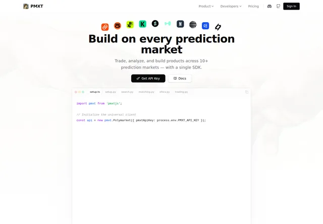 PMXT hosted API: PMXT API entry page and SDK example.
