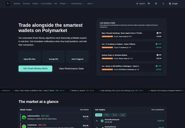 PolyAlertHub: Market-monitoring overview and a preview of the live signal feed.
