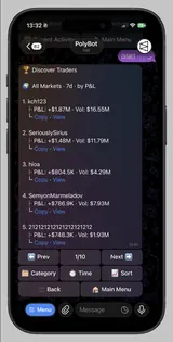 PolyBot Telegram trader discovery with category, period and sorting controls.