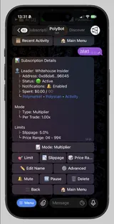 PolyBot Telegram copy details: leader, sizing, slippage, price limits and pause controls.
