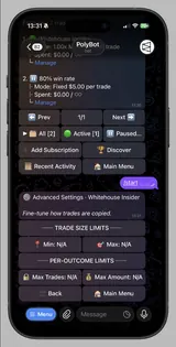 PolyBot Telegram advanced copy limits for trade size and per-outcome exposure.
