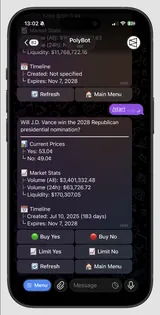 PolyBot Telegram market card with Yes/No prices, volume, liquidity and market/limit order buttons.