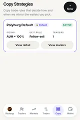 Polyburg mini-app copy strategy card with sizing, exit rule and active status (official documentation).