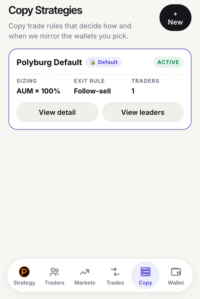 Polyburg mini-app copy strategy card with sizing, exit rule and active status (official documentation).