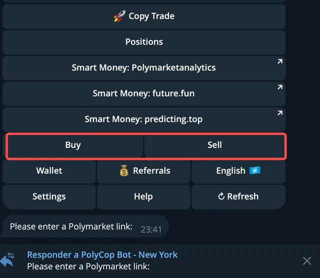 PolyCop Telegram menu with Buy and Sell controls and market-link input (official documentation).