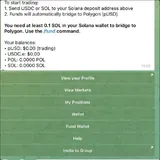 Polycule: Telegram menu example published in a public review: markets, positions, wallet, funding and group actions.