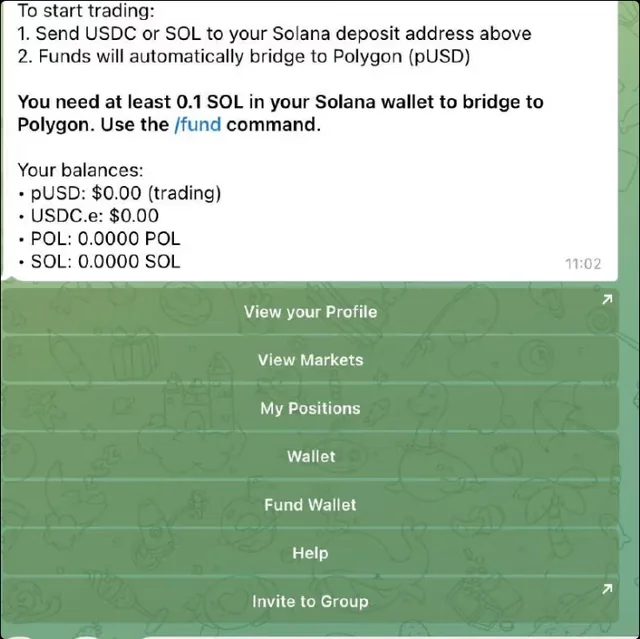 Polycule: Telegram menu example published in a public review: markets, positions, wallet, funding and group actions.