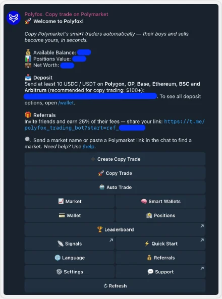 Polyfox — Telegram main menu (official documentation)