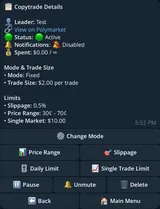 PolyGun Telegram copy settings: sizing, price range, slippage, limits and notification controls.