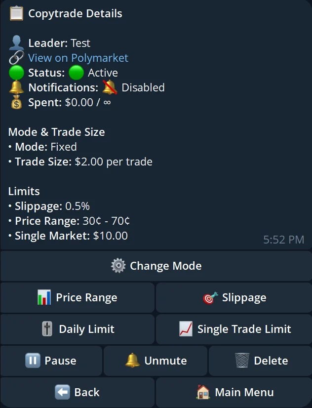 PolyGun Telegram copy settings: sizing, price range, slippage, limits and notification controls.