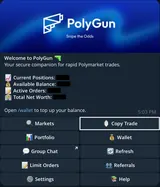 PolyGun Telegram main menu with market search, portfolio, copy trading and order management.