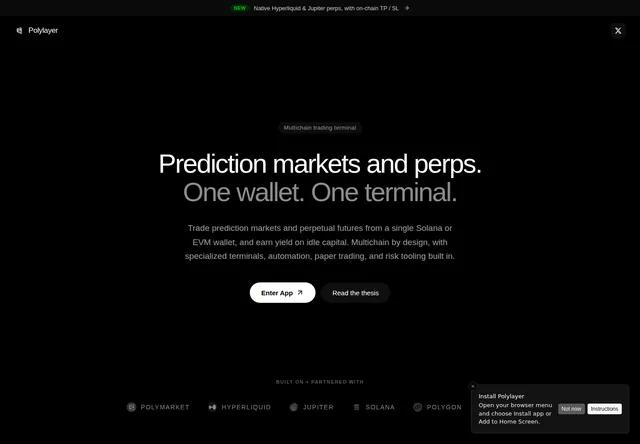 Polylayer: Prediction-market and perpetual-terminal entry page.