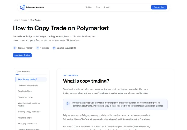 Polymarket Academy: Copy-trading guide introduction and section navigation.