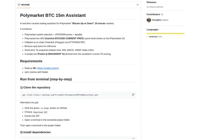 Polymarket BTC 15m Assistant: BTC round monitor, price sources and indicators.