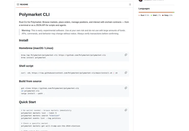 Polymarket CLI: Official CLI installation and public market examples.