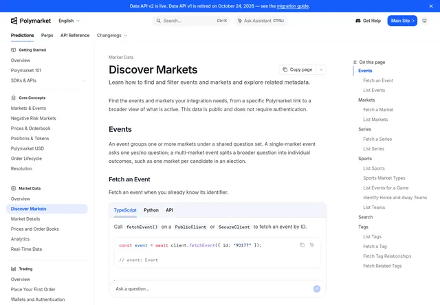 Polymarket Gamma API: Official market-discovery documentation.