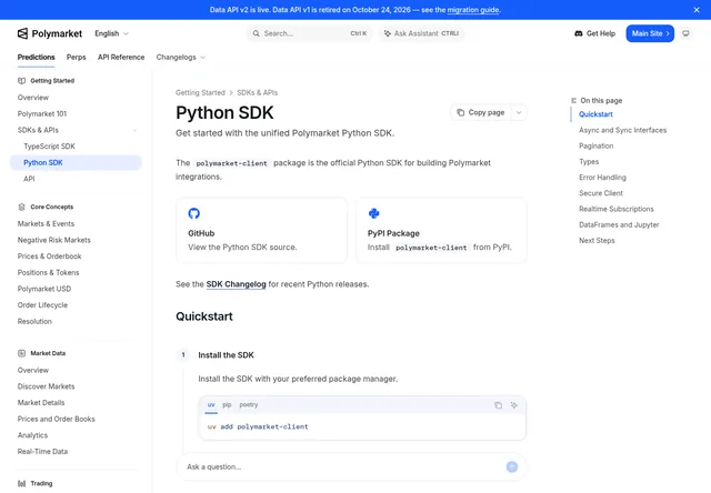 Polymarket Python SDK: Official Python SDK installation and quickstart.