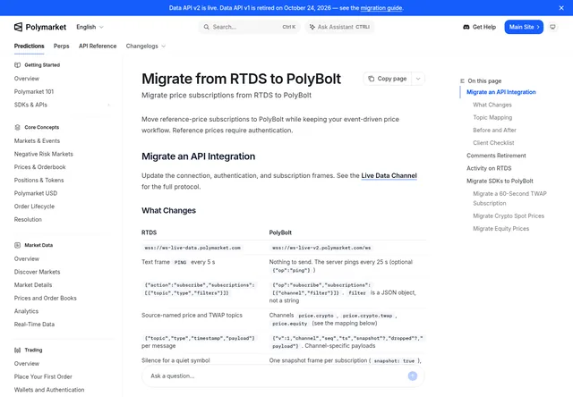 Polymarket RTDS: RTDS-to-PolyBolt migration and topic changes.