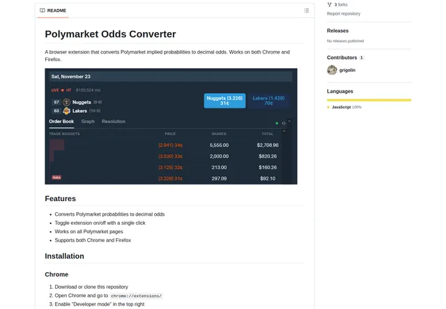 PolymarketOddsConverter (extension): Extension overview with a provider example of decimal-odds display.