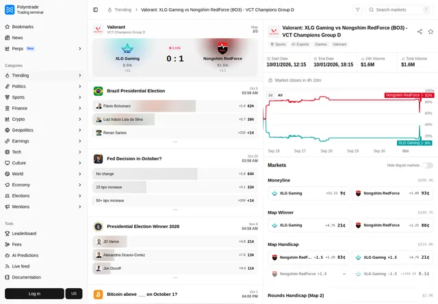 Polymtrade: Market browser, event quotes and an open sports chart.