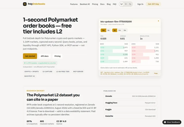 PolyOrderbooks: Historical L2 product overview and provider book example.