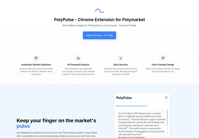 PolyPulse: Extension overview and provider preview of an AI market summary.