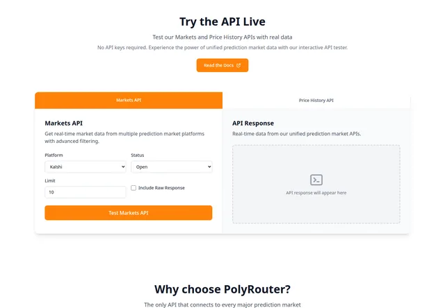 PolyRouter: Interactive Markets API tester before a request is submitted.