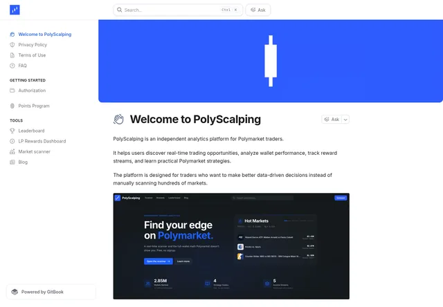 PolyScalping: Documentation overview with the product interface preview.