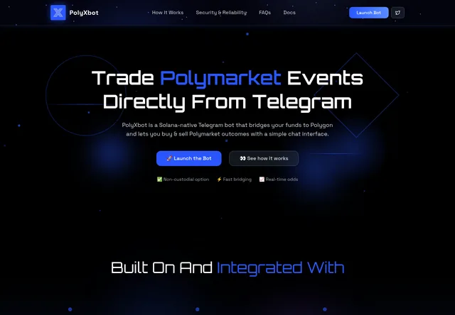 PolyXbot product overview with Solana-to-Polygon funding and Telegram trading.