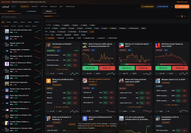 Celsa: Market board with event cards, order panels and wallet navigation
