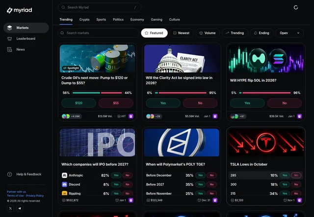 Myriad: Prediction-market cards with probabilities and category navigation