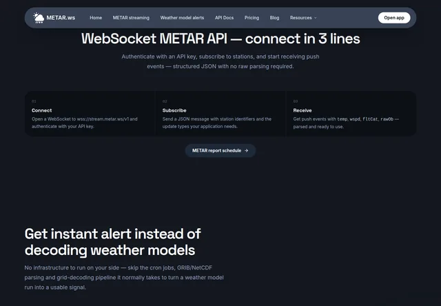 METAR.ws: Metar Ws — WebSocket METAR API — connect in 3 lines