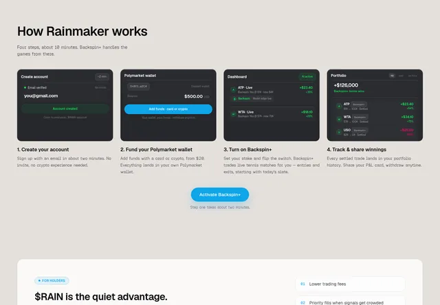 Rainmaker: Provider examples of account setup, funding, bot activation and performance tracking.