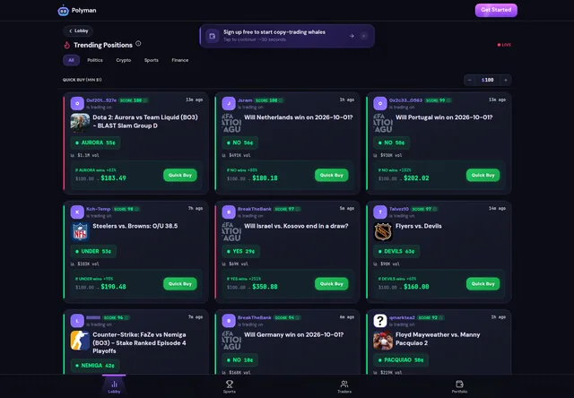 Polyman: Trending positions with market prices and quick-buy entry points.