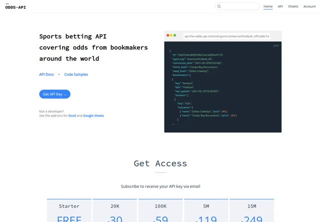 The Odds API: Odds API introduction, response example and plan entry points.