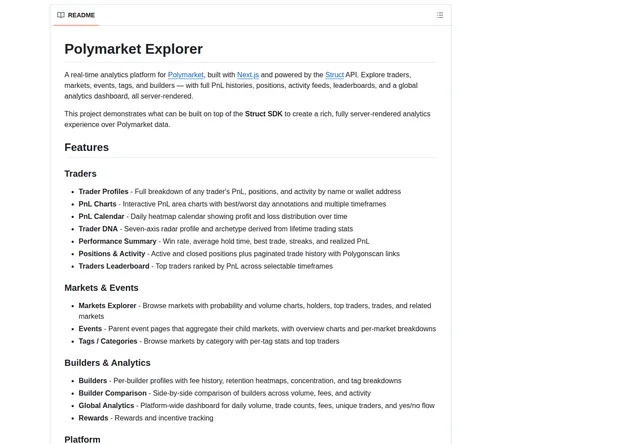 Struct Polymarket Explorer repository: Explorer page types and analytics features.