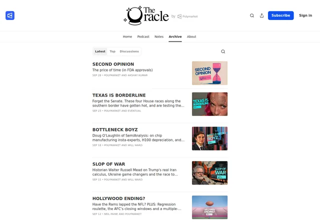 The Oracle by Polymarket: Publication archive with article topics, bylines and podcast navigation.