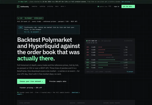 TickFoundry: Dataset entry page and illustrative book ladder.